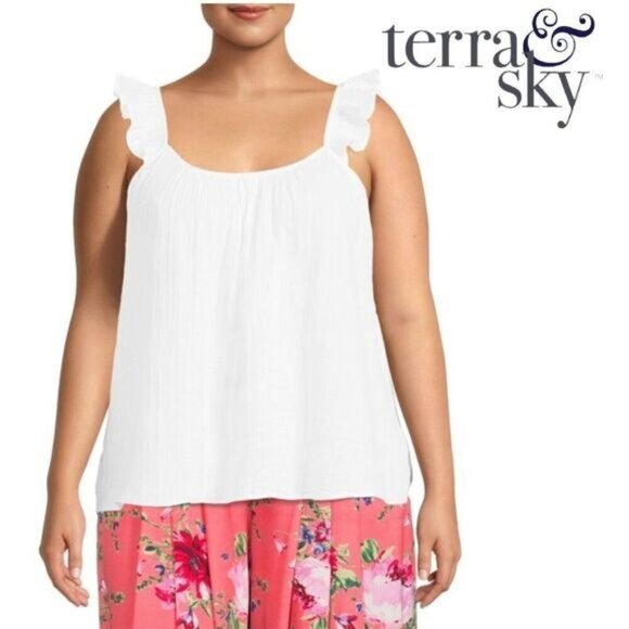 Terra & Sky's Women's‎ Sleeveless with Ruffle Straps White Top - Picture 1 of 8